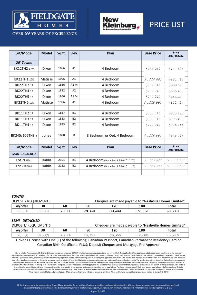 New Kleinburg price-list aug-1-2026